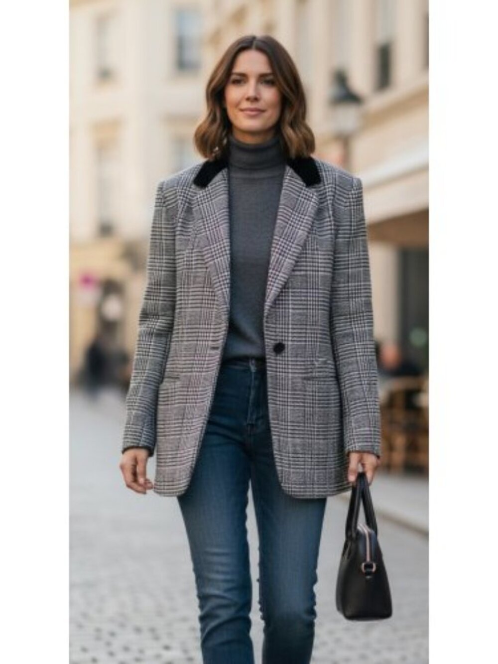 HARVE BENARD Black White Plaid Wool Blazer Suede Trim Jacket Ladies Large